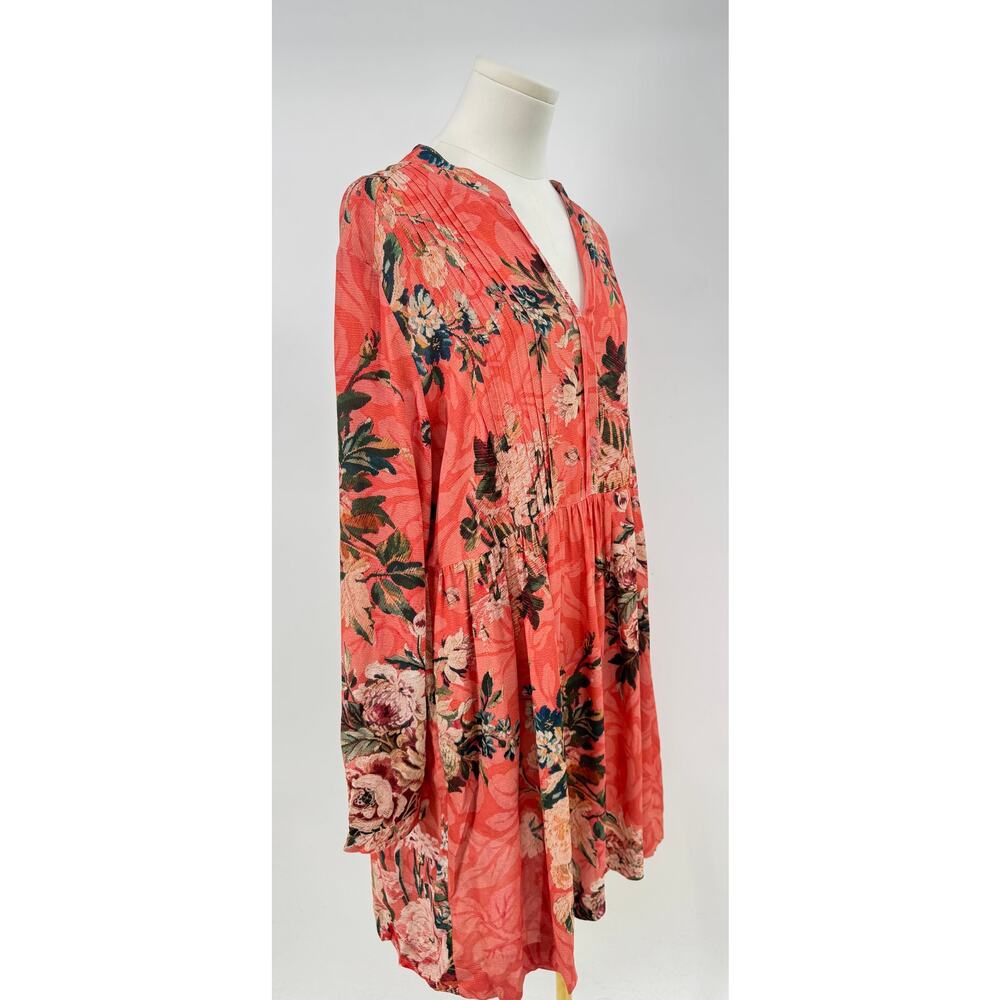 Peruvian Connection Coral Floral Split Neck Tunic Dress - Picture 3 of 9